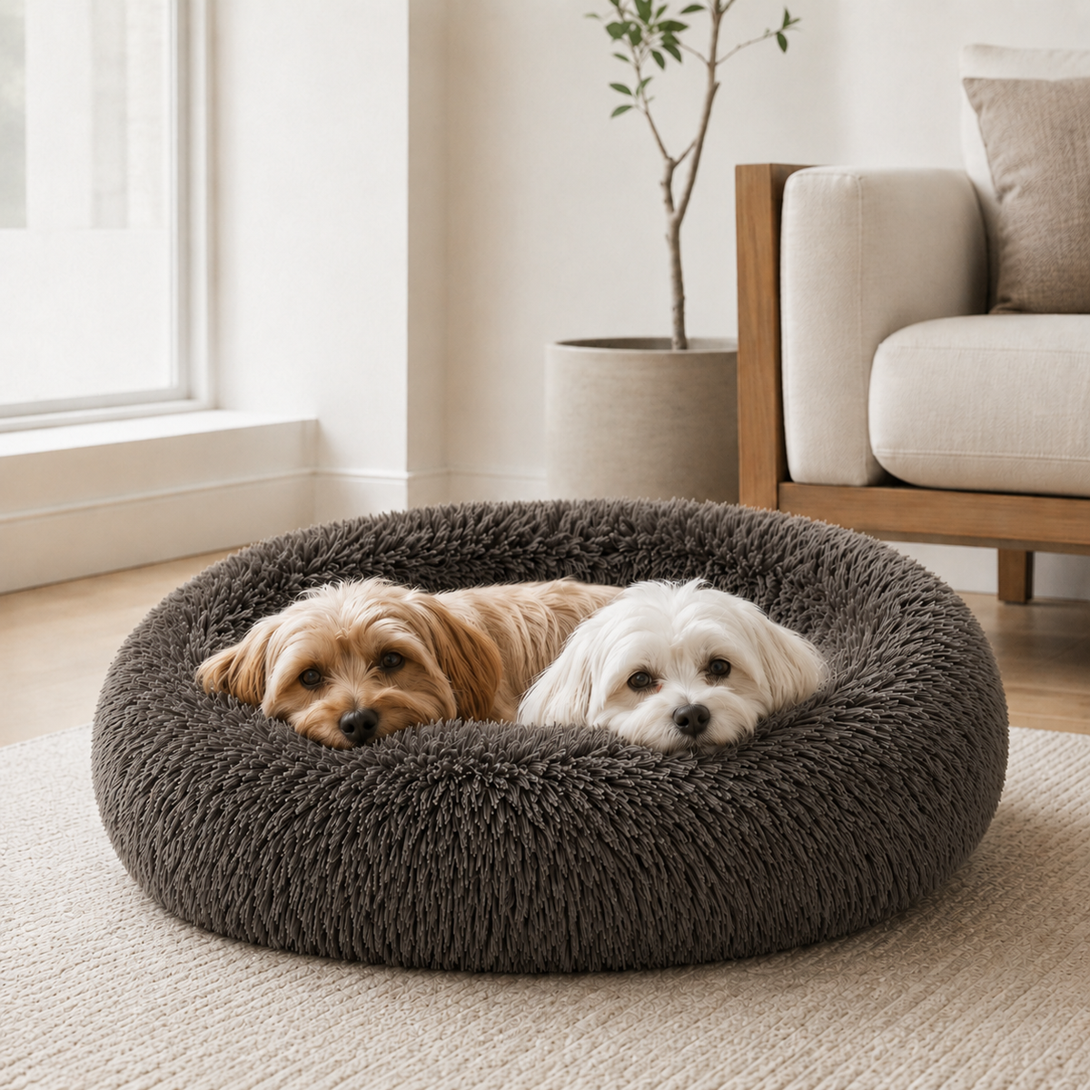 Brown CloudNest plush round dog bed for cozy curl-up rest