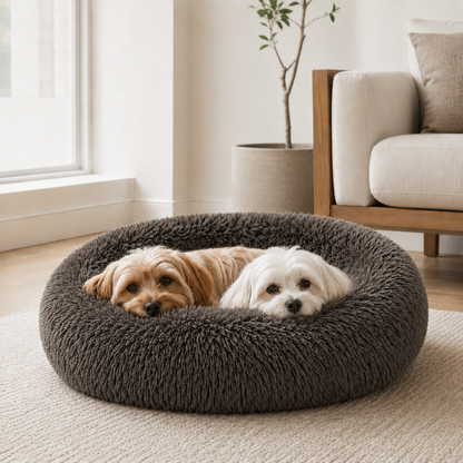 Brown CloudNest plush round dog bed for cozy curl-up rest