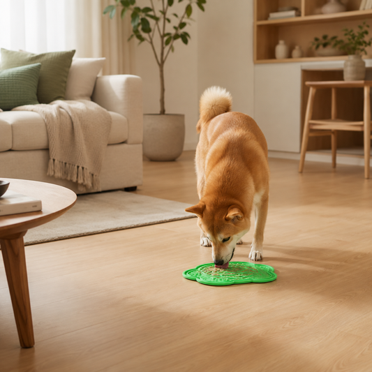 Dog using the CalmLick suction lick mat for slow, focused treat time