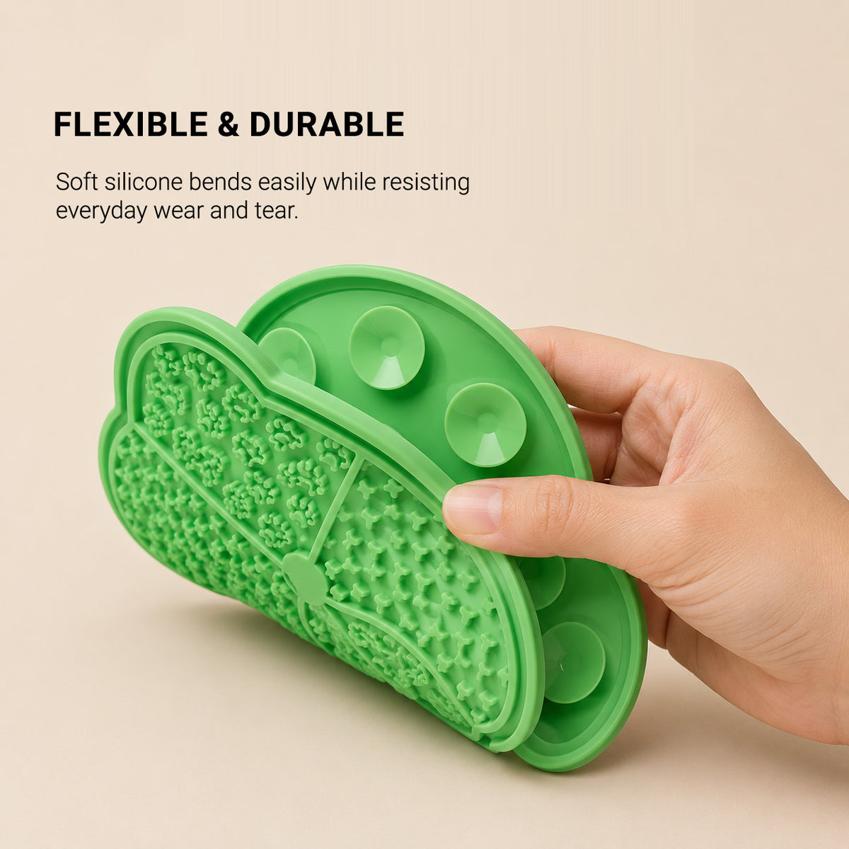 Flexible silicone CalmLick lick mat bending by hand