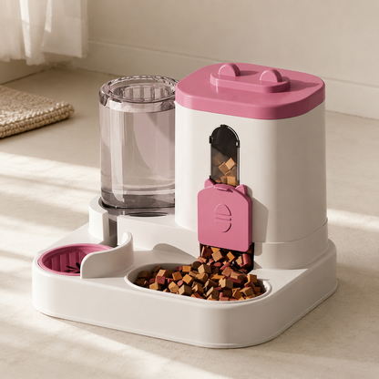 Cat-ear shaped PawServe gravity pet feeder and water bowl station with playful compact design