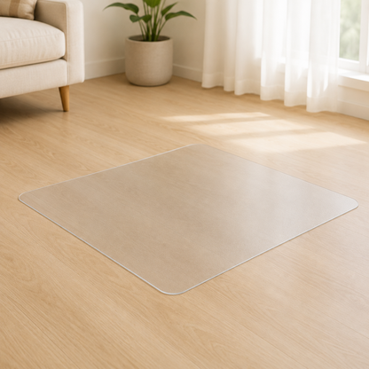 ClearGuard clear frosted PVC pet floor protector mat on a light wood floor in a modern home