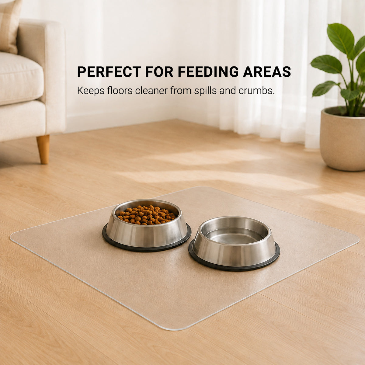 ClearGuard transparent pet floor protector mat under dog food and water bowls in a modern feeding area