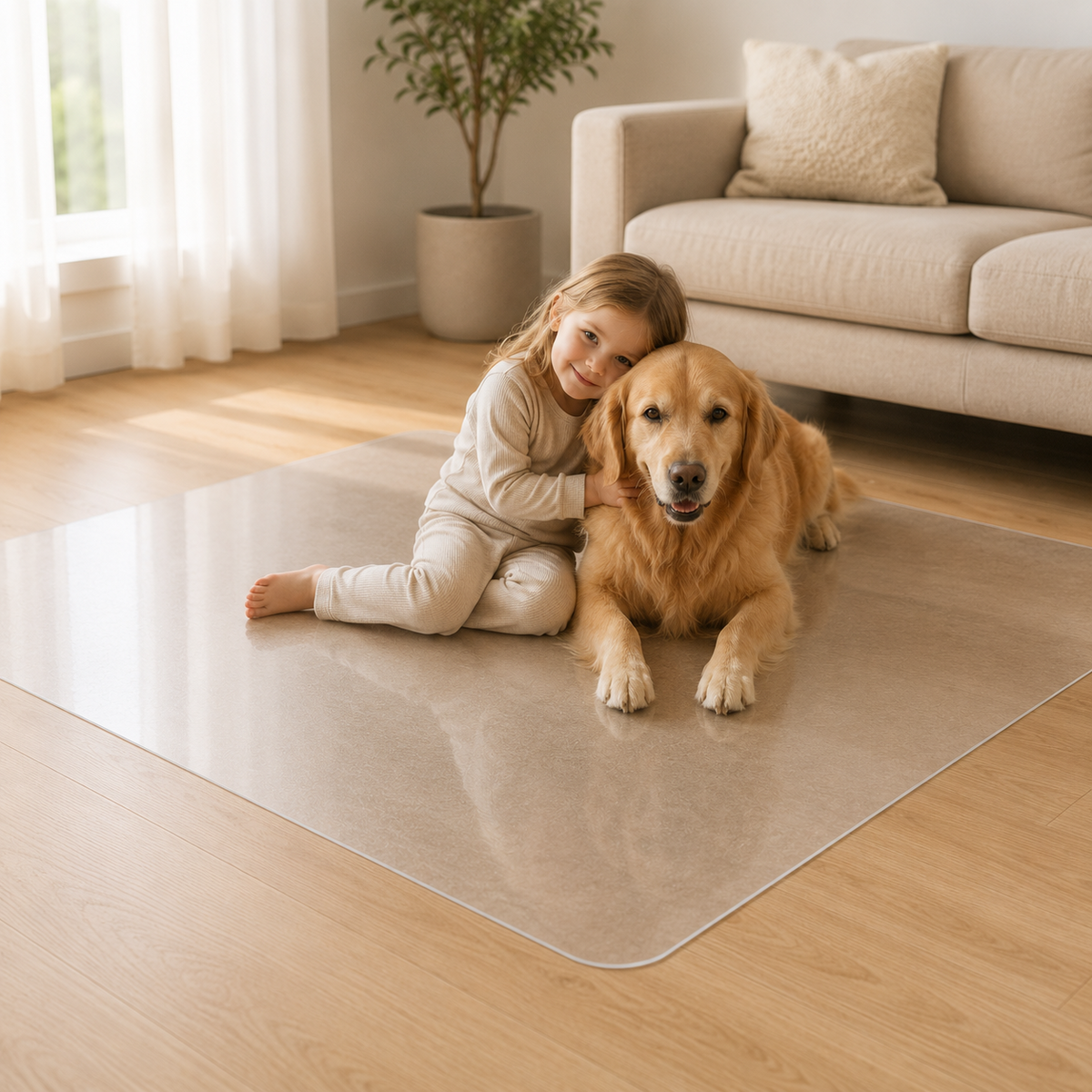 Child sitting with a Golden Retriever on a large ClearGuard transparent pet floor protector mat in a warm modern home