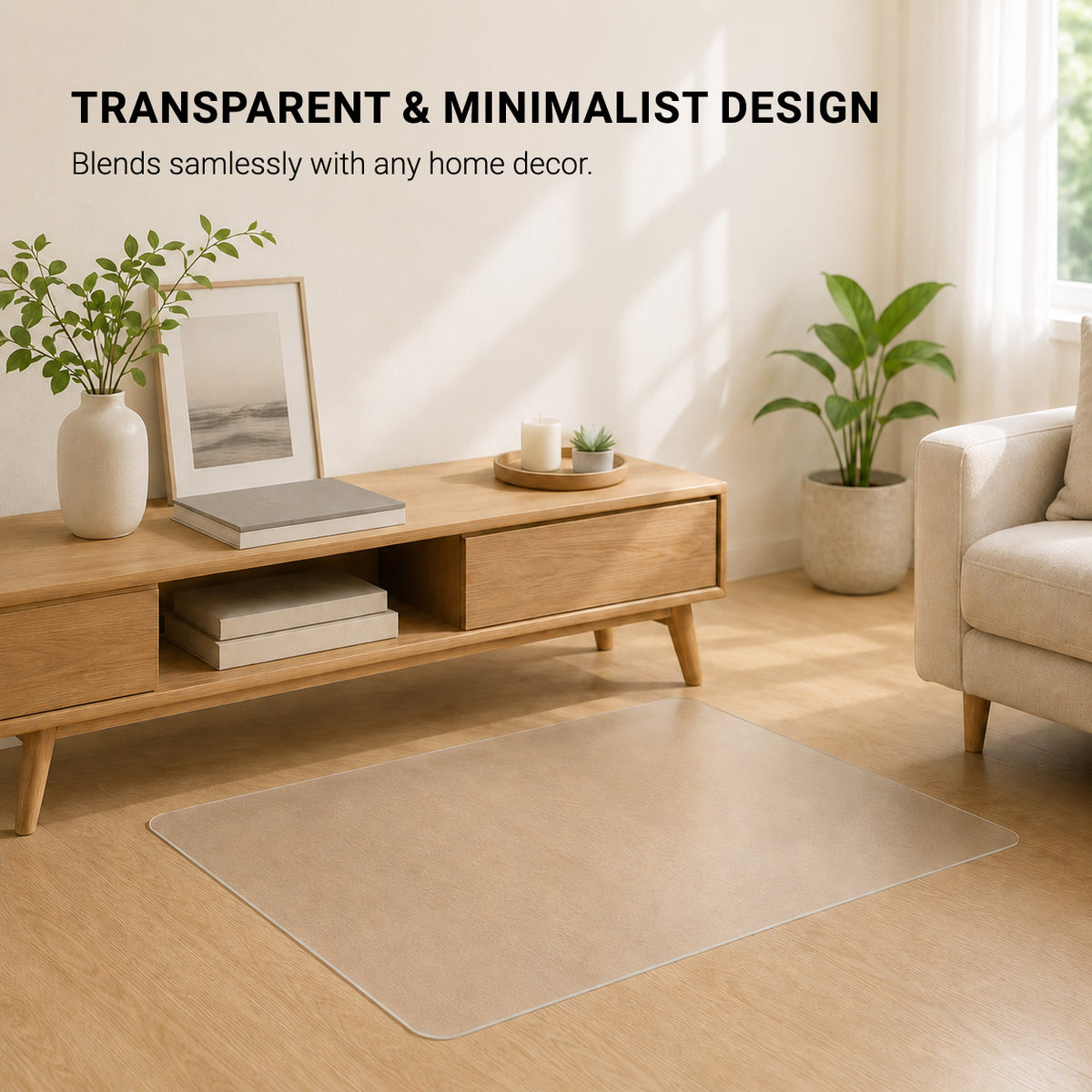 ClearGuard transparent minimalist pet floor mat blending into a modern warm-toned living room