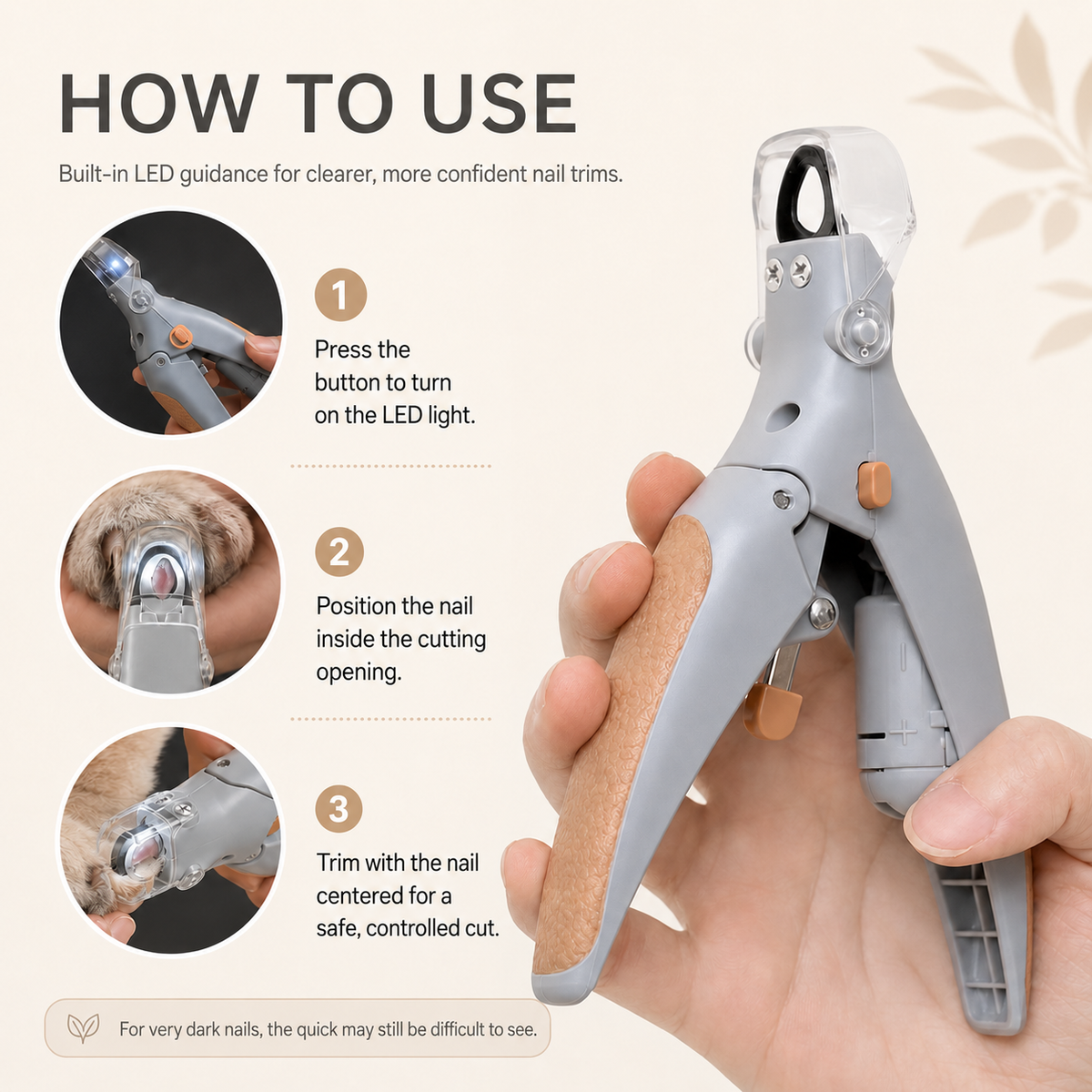 ClearTrim pet nail clipper detail view with stainless steel cutting blade and ABS handle