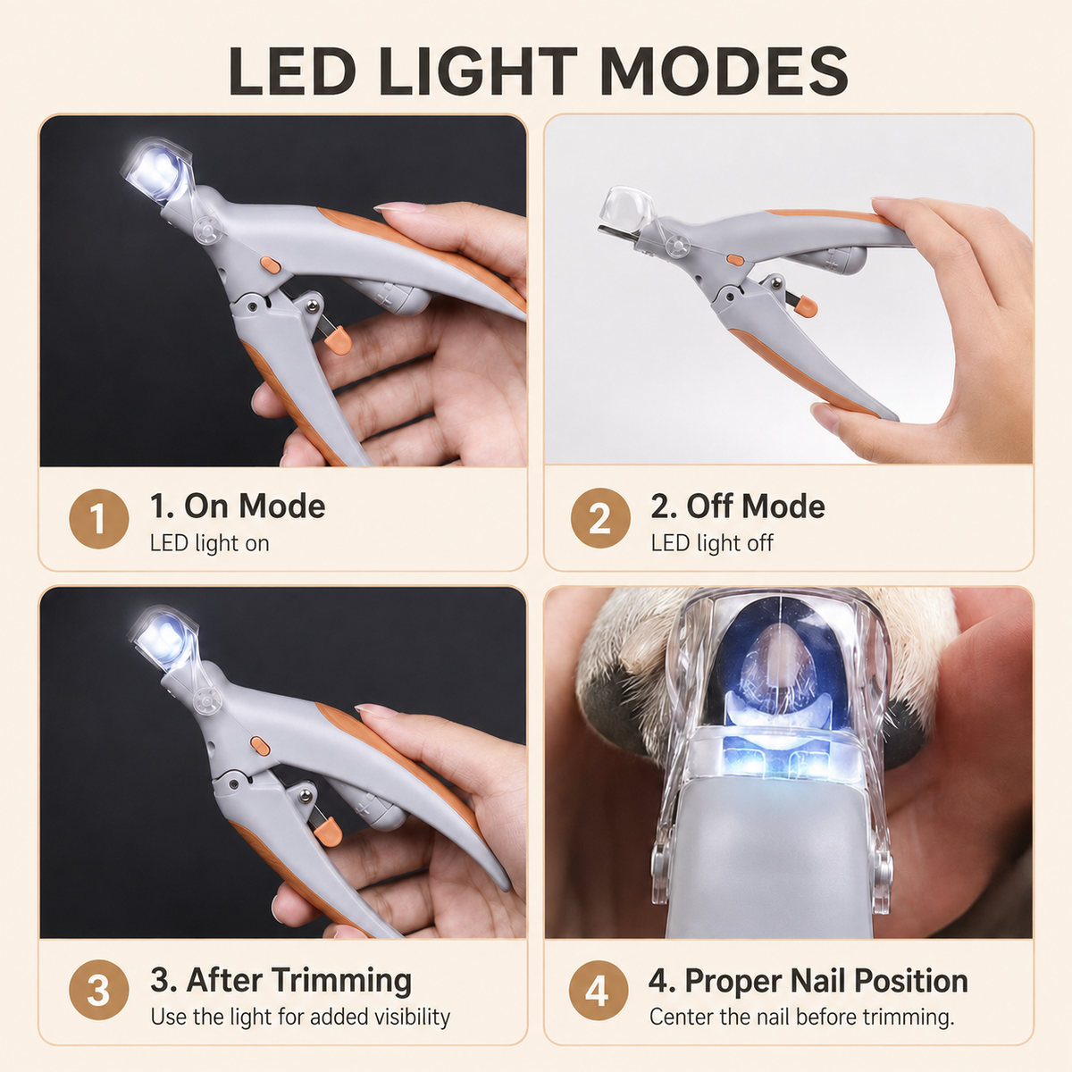 ClearTrim LED pet nail clipper detail image highlighting the ergonomic handheld design