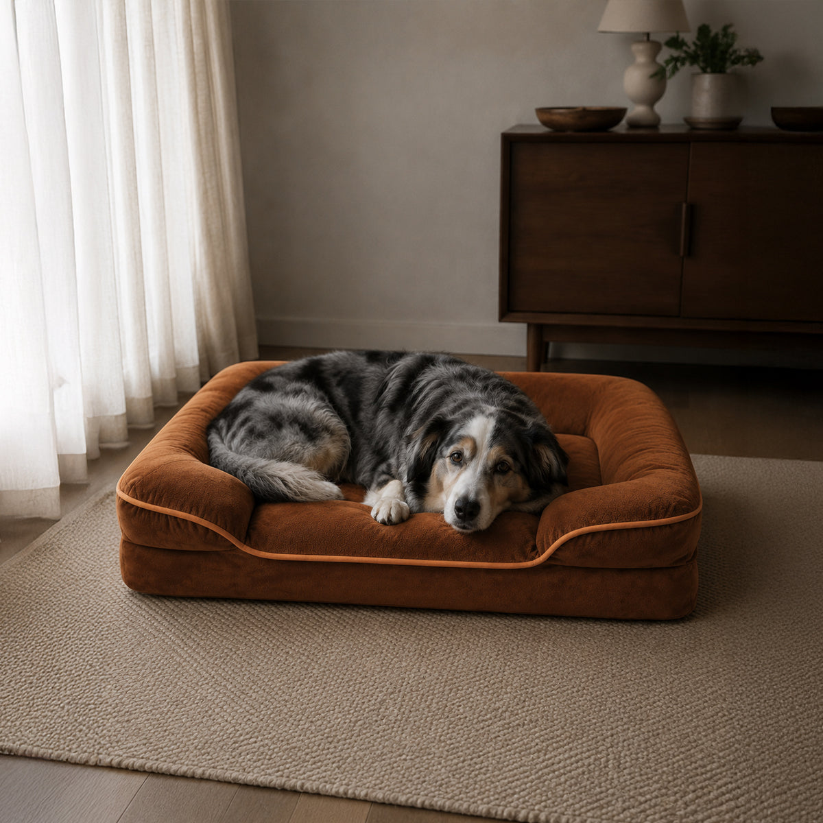 Cloud Support supportive dog bed in an everyday home lifestyle setting