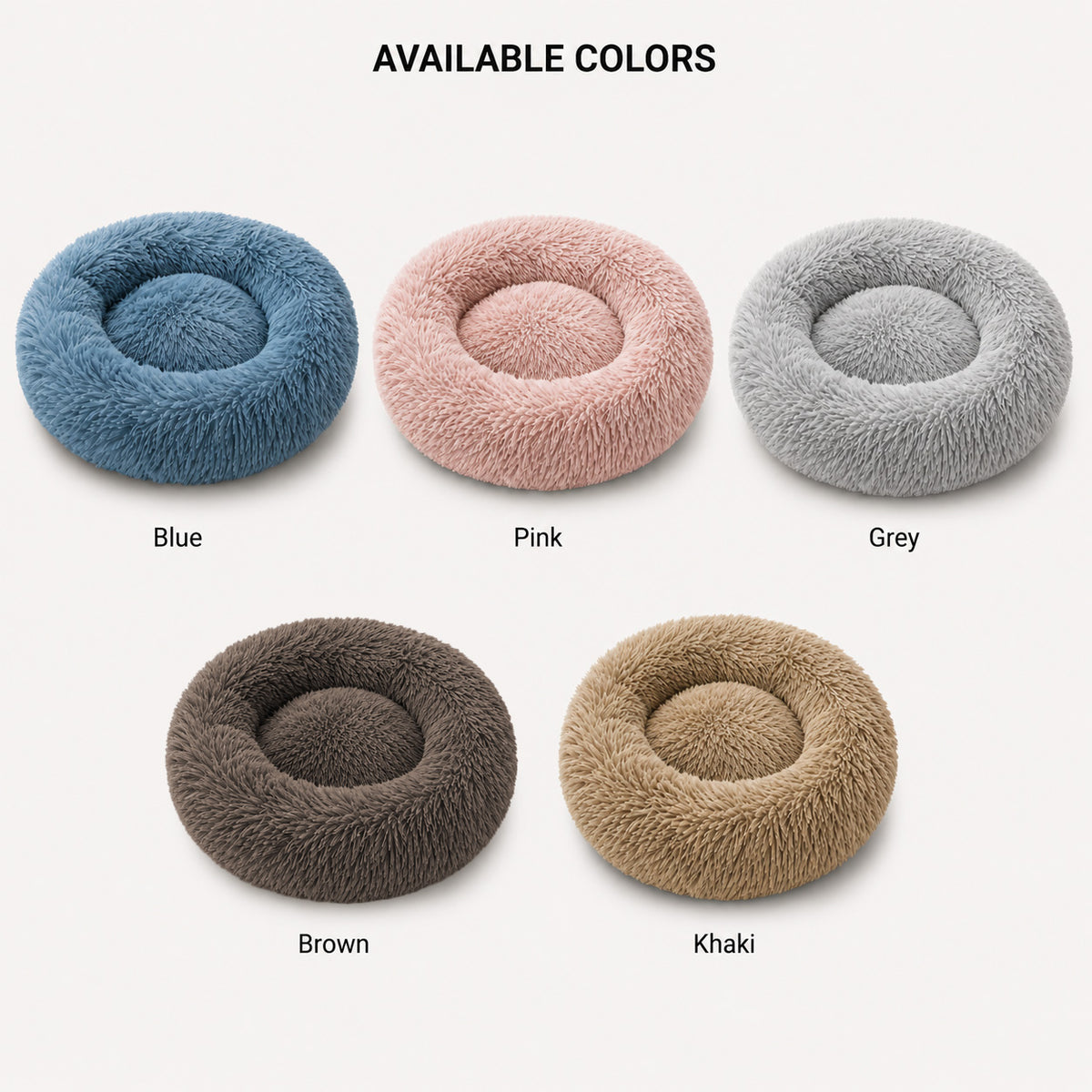 CloudNest round dog bed color options in blue brown grey khaki and pink