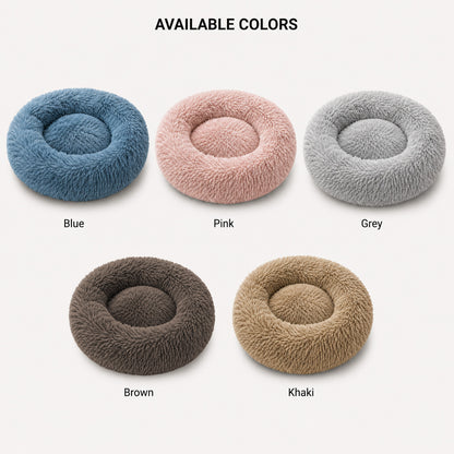 CloudNest round dog bed color options in blue brown grey khaki and pink