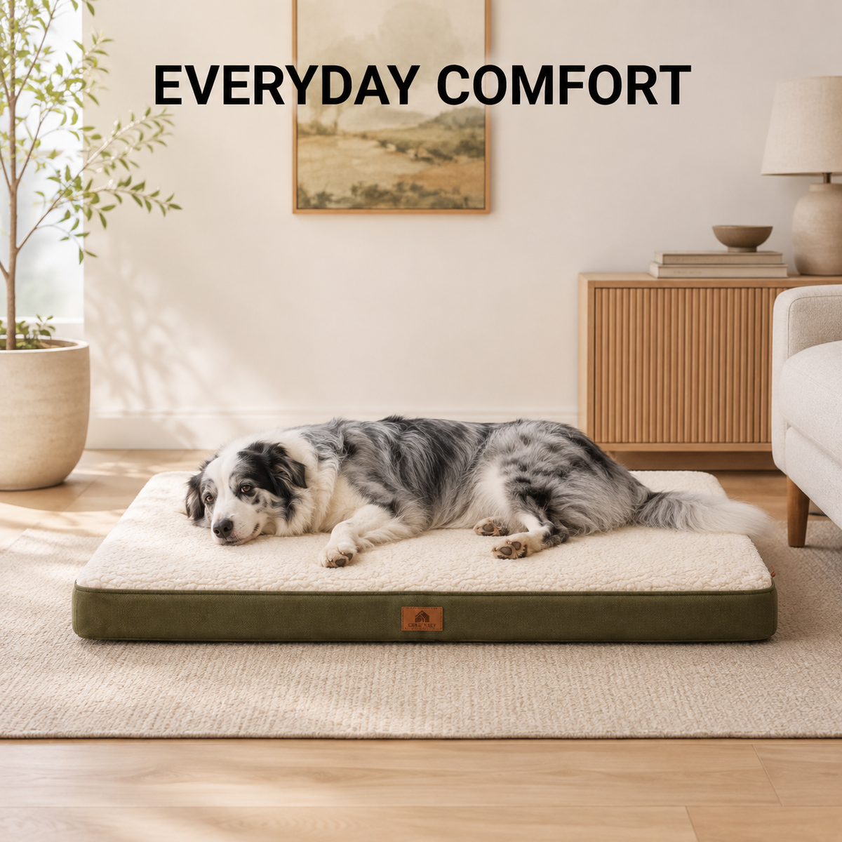 CloudRest supportive dog mattress placed in a modern living room for everyday pet rest