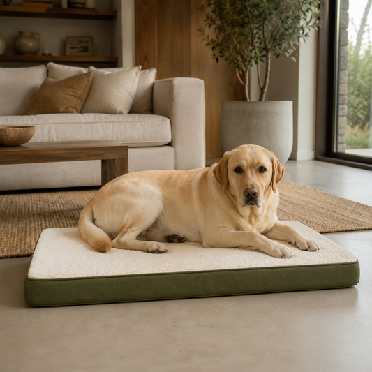 Dog resting on a CloudRest supportive dog mattress in a warm modern home