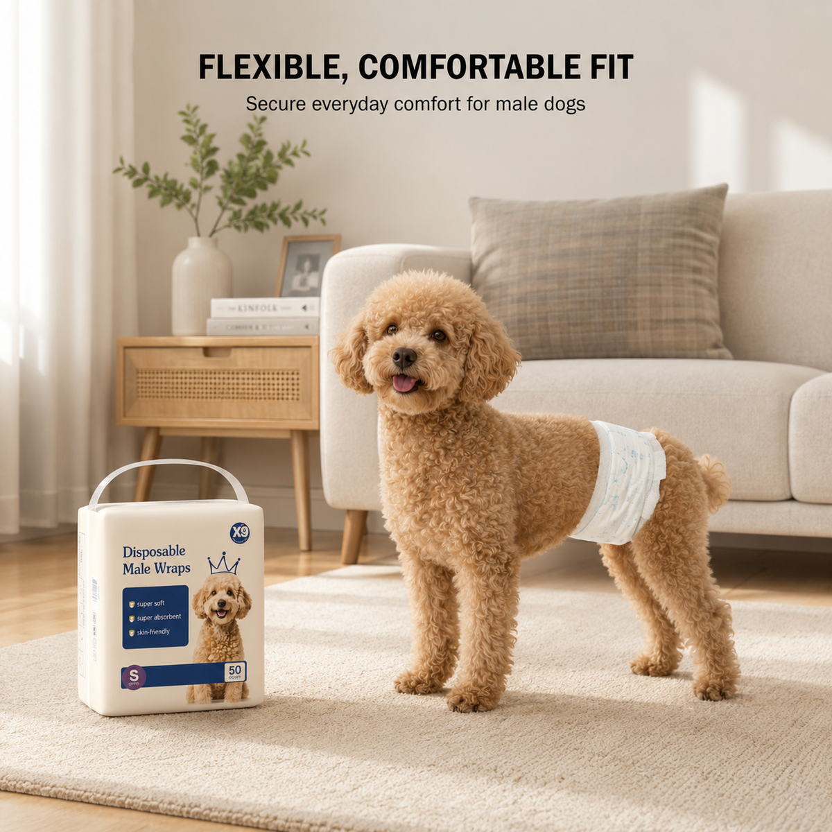 Male dog wearing a disposable diaper with a flexible waistband