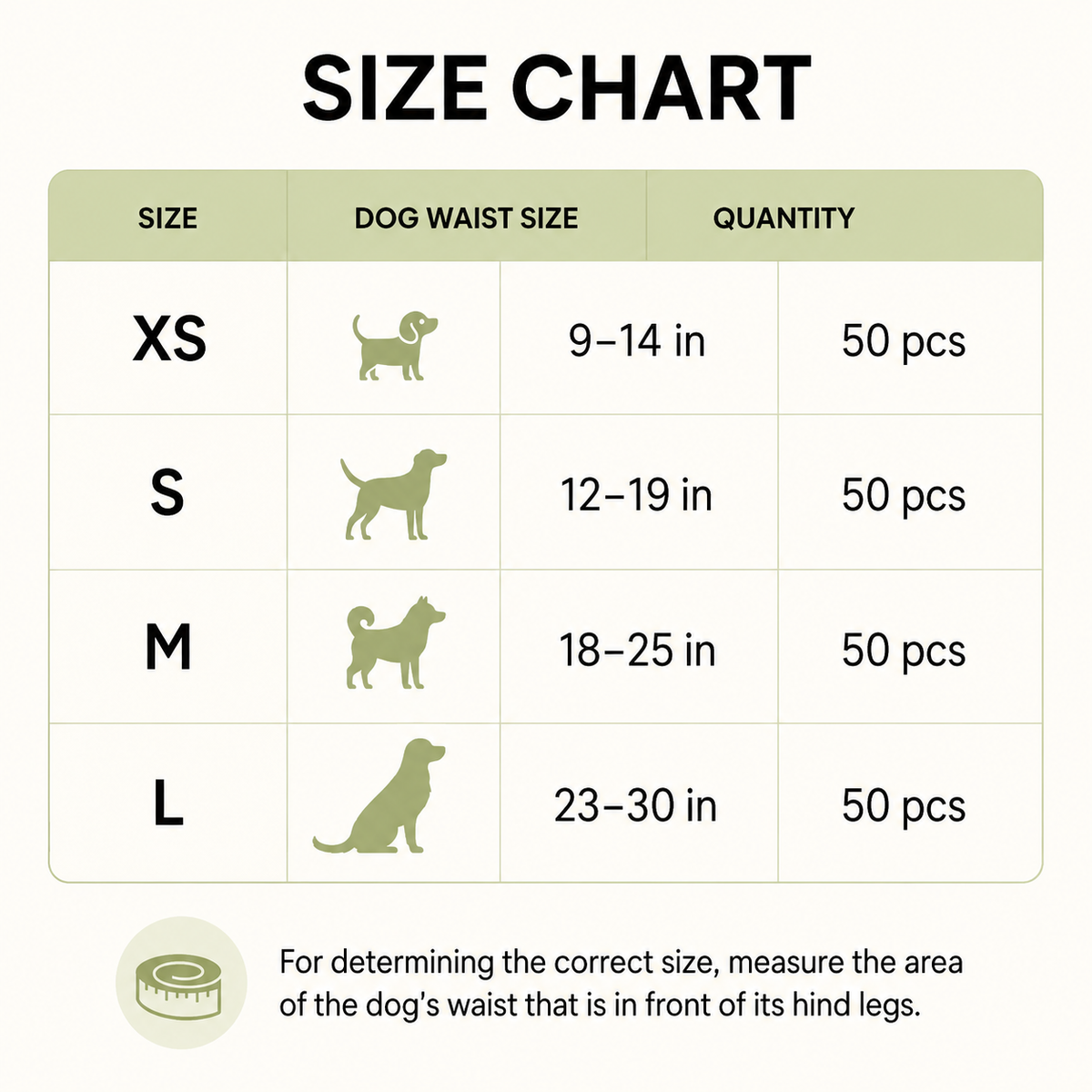 Comfort-Fit male dog diaper size guide for XS S M and L