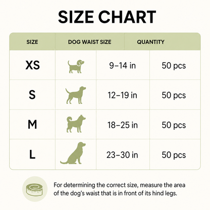 Comfort-Fit male dog diaper size guide for XS S M and L