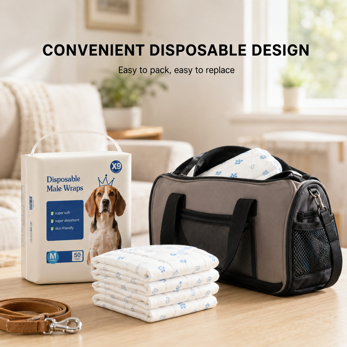 Disposable male dog diapers packed for travel