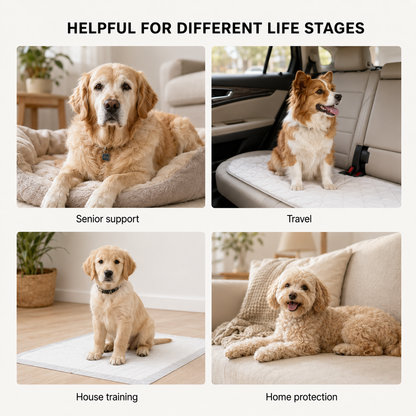 Senior male dog using a disposable dog diaper for urinary accidents