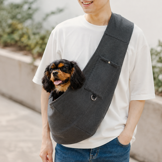 Small dog riding in a neoprene pet sling carrier during a walk