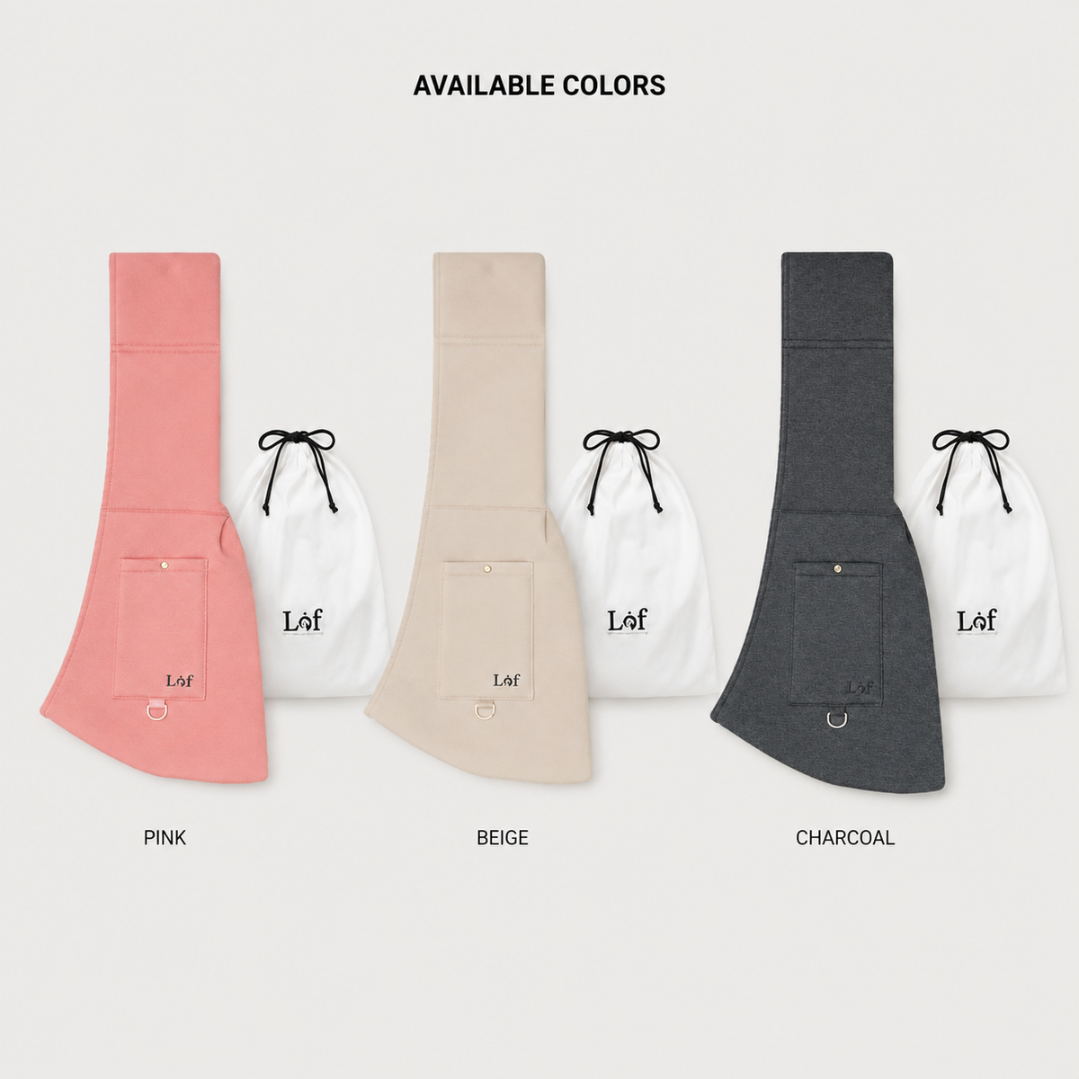 ComfortCarry neoprene pet sling carrier color options in pink beige and charcoal