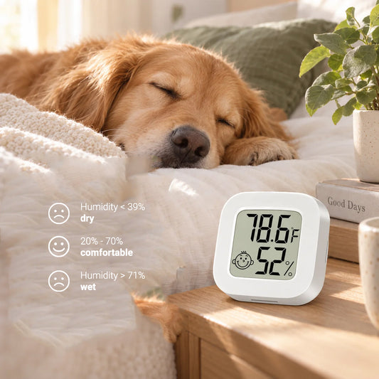 ComfortCheck humidity monitor for a senior dog resting space