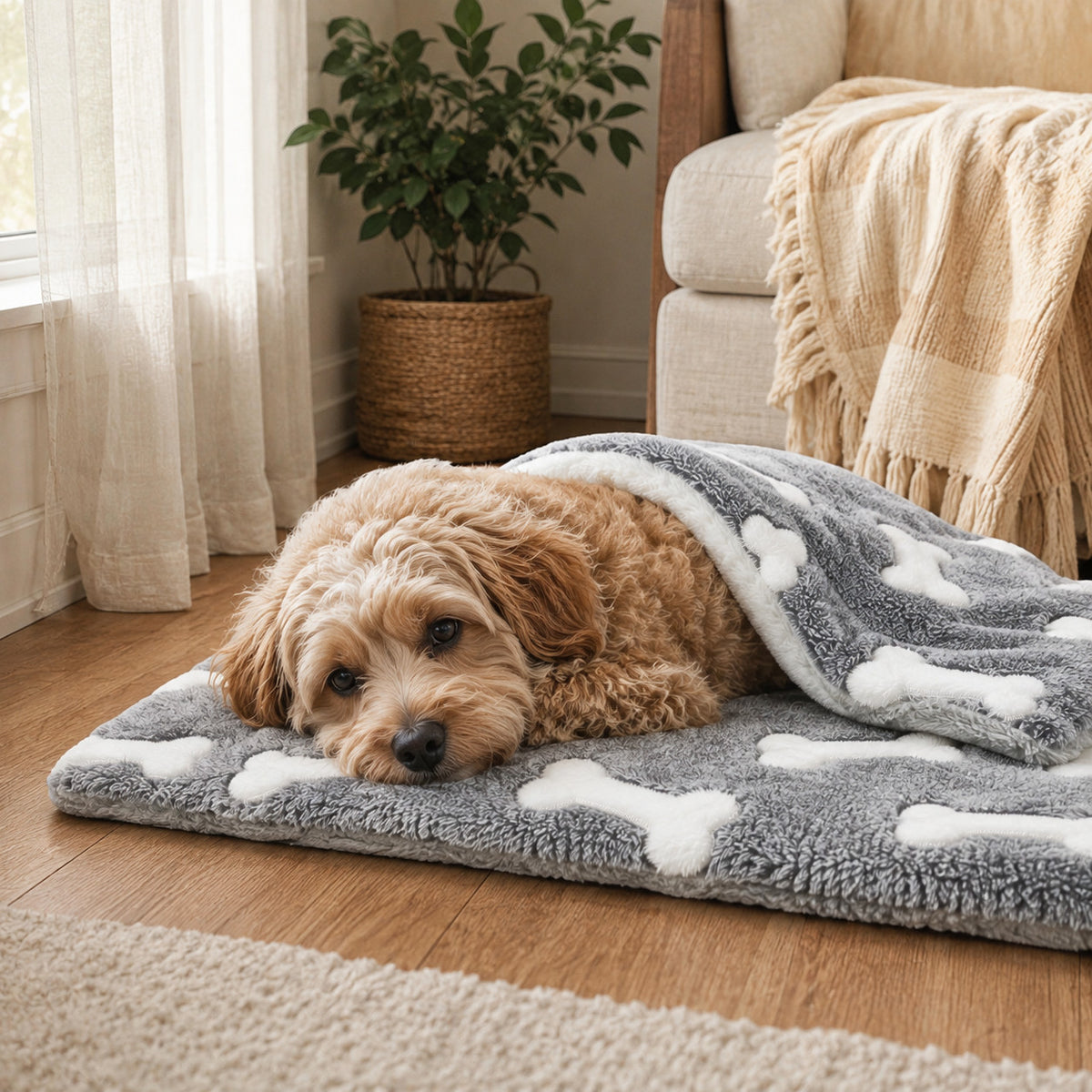 Cozy dog resting under a soft reversible self-warming dog mat
