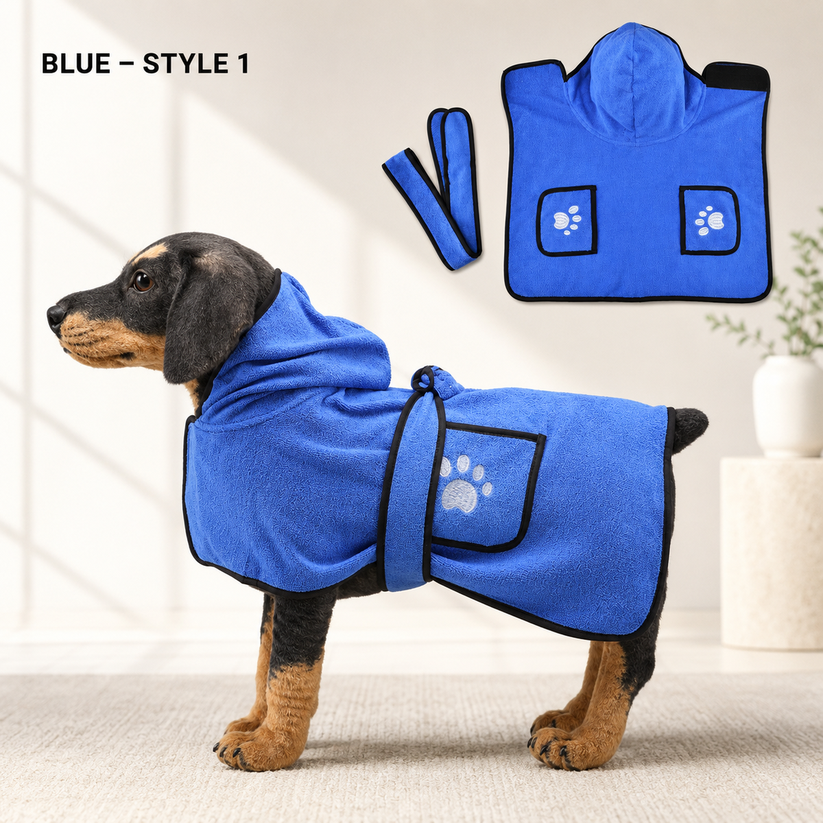 Dog wearing the CozyDry absorbent drying robe after a bath