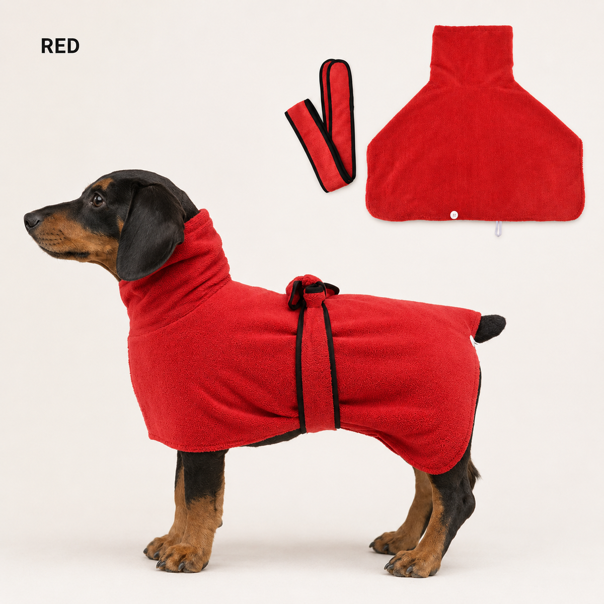 Full coverage design of the CozyDry dog drying robe for drying a wet dog