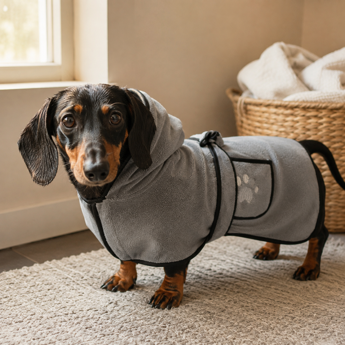 Soft absorbent fabric detail of the CozyDry dog drying robe