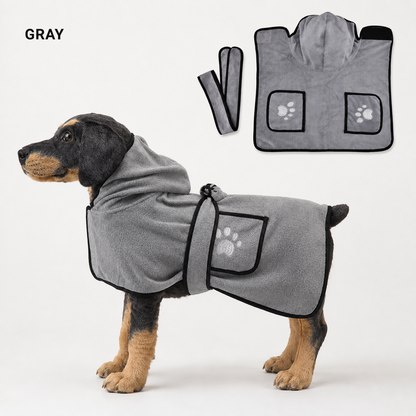 CozyDry dog drying robe shown with wraparound body coverage for a secure fit