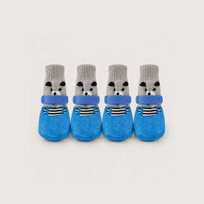 BarkTango CozyGrip knit dog boots in blue with adjustable straps and rubber-coated soles