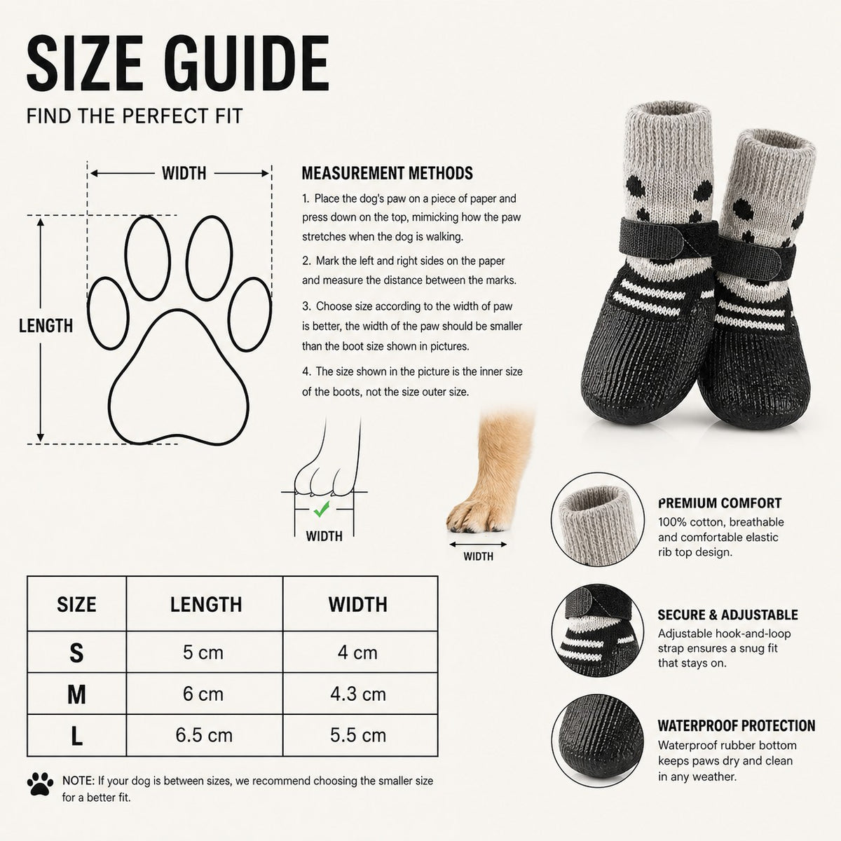 Small white dog wearing red CozyGrip knit dog boots while an adjustable strap is secured