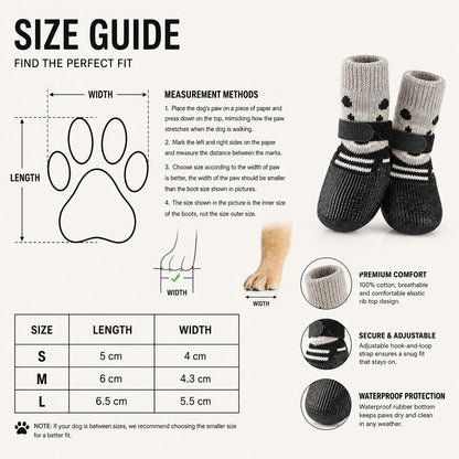 Small white dog wearing red CozyGrip knit dog boots while an adjustable strap is secured
