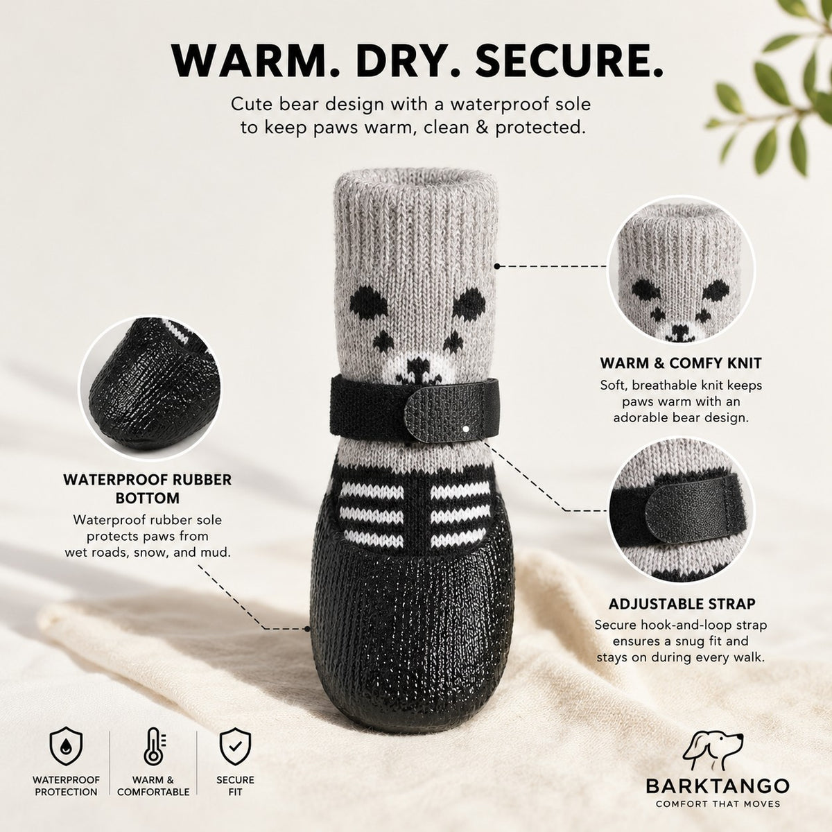 CozyGrip knit dog boots size guide showing paw measurement method and sizes S M and L