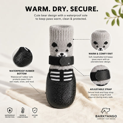 CozyGrip knit dog boots size guide showing paw measurement method and sizes S M and L