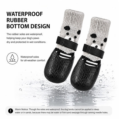 CozyGrip knit dog boot details showing warm knit cuff waterproof rubber bottom and adjustable strap