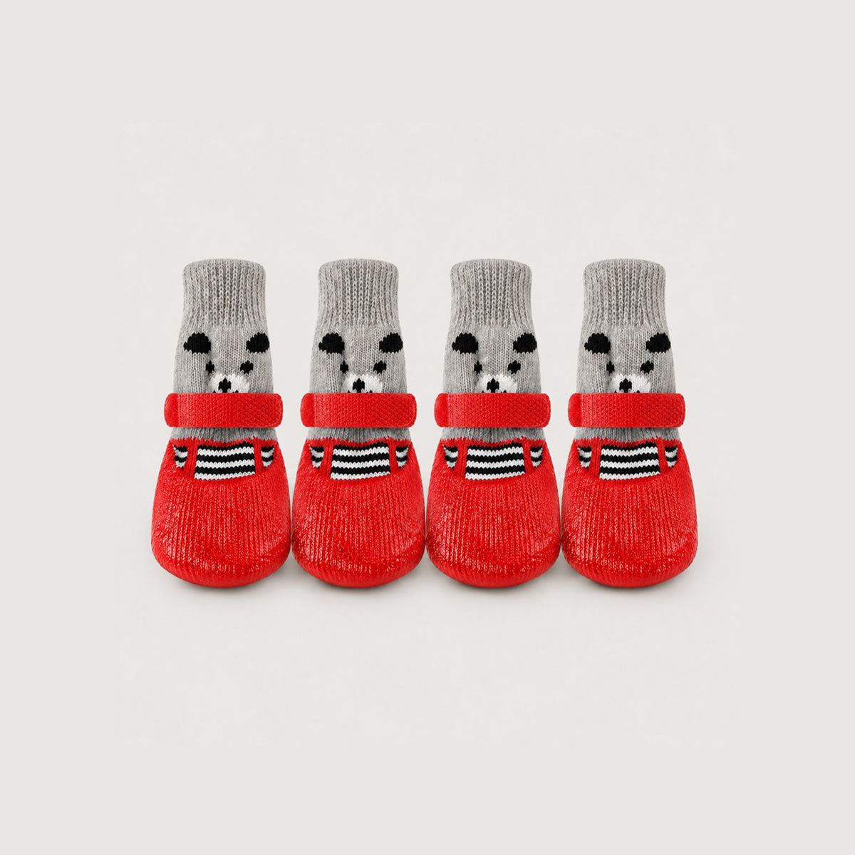 BarkTango CozyGrip knit dog boots in red with adjustable straps and rubber-coated soles