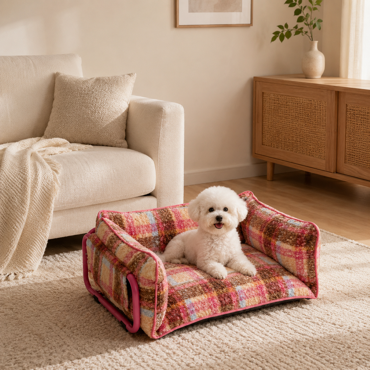 Small white dog relaxing in a plaid plush sofa dog bed