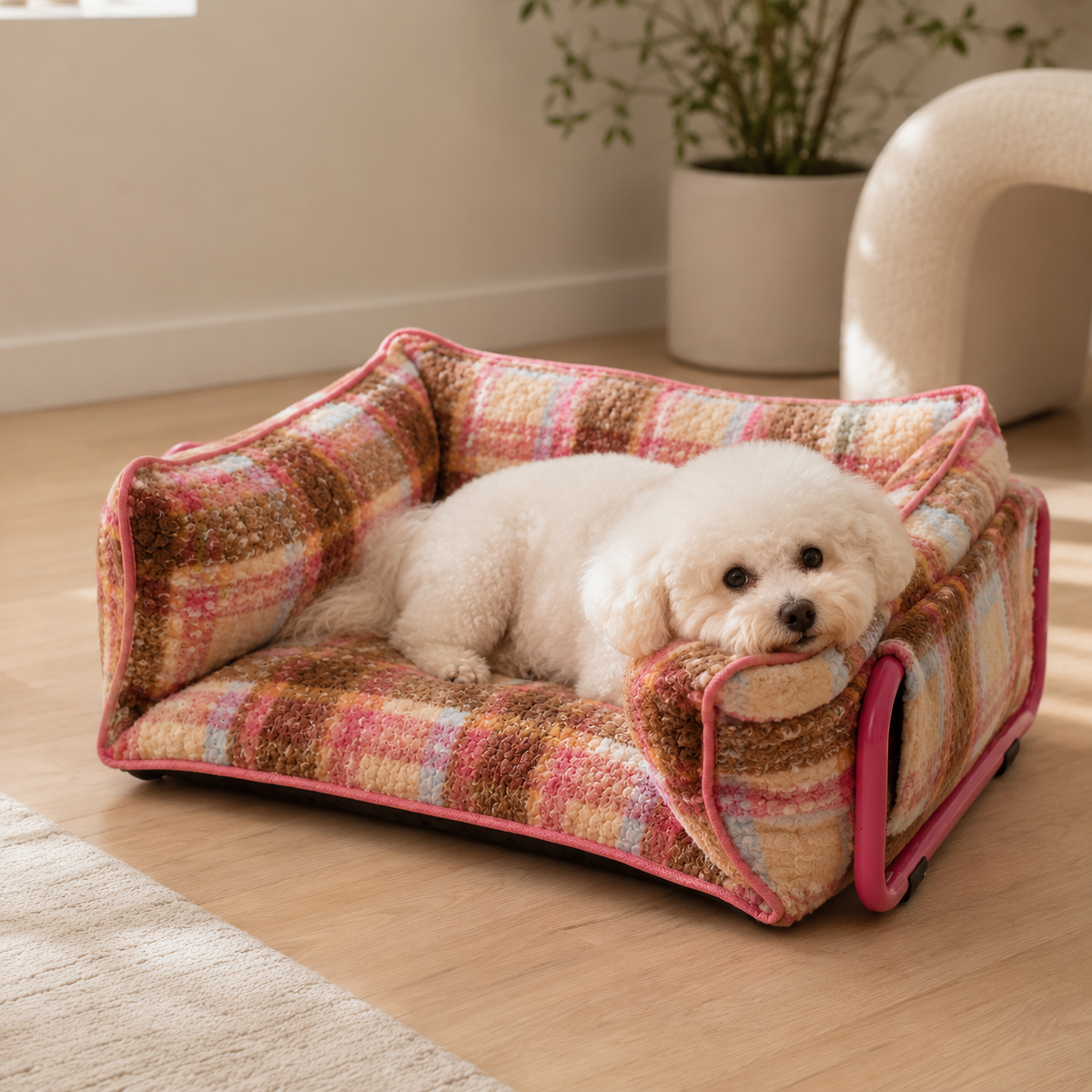 Small white dog sitting in a CozyPlaid plush sofa dog bed in a modern living room