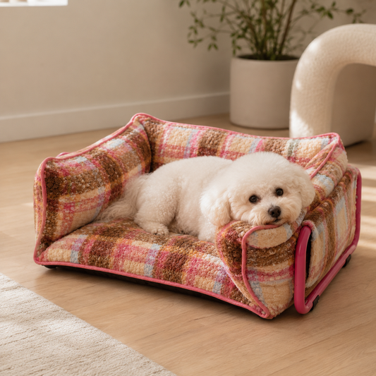 Small white dog sitting in a CozyPlaid plush sofa dog bed in a modern living room