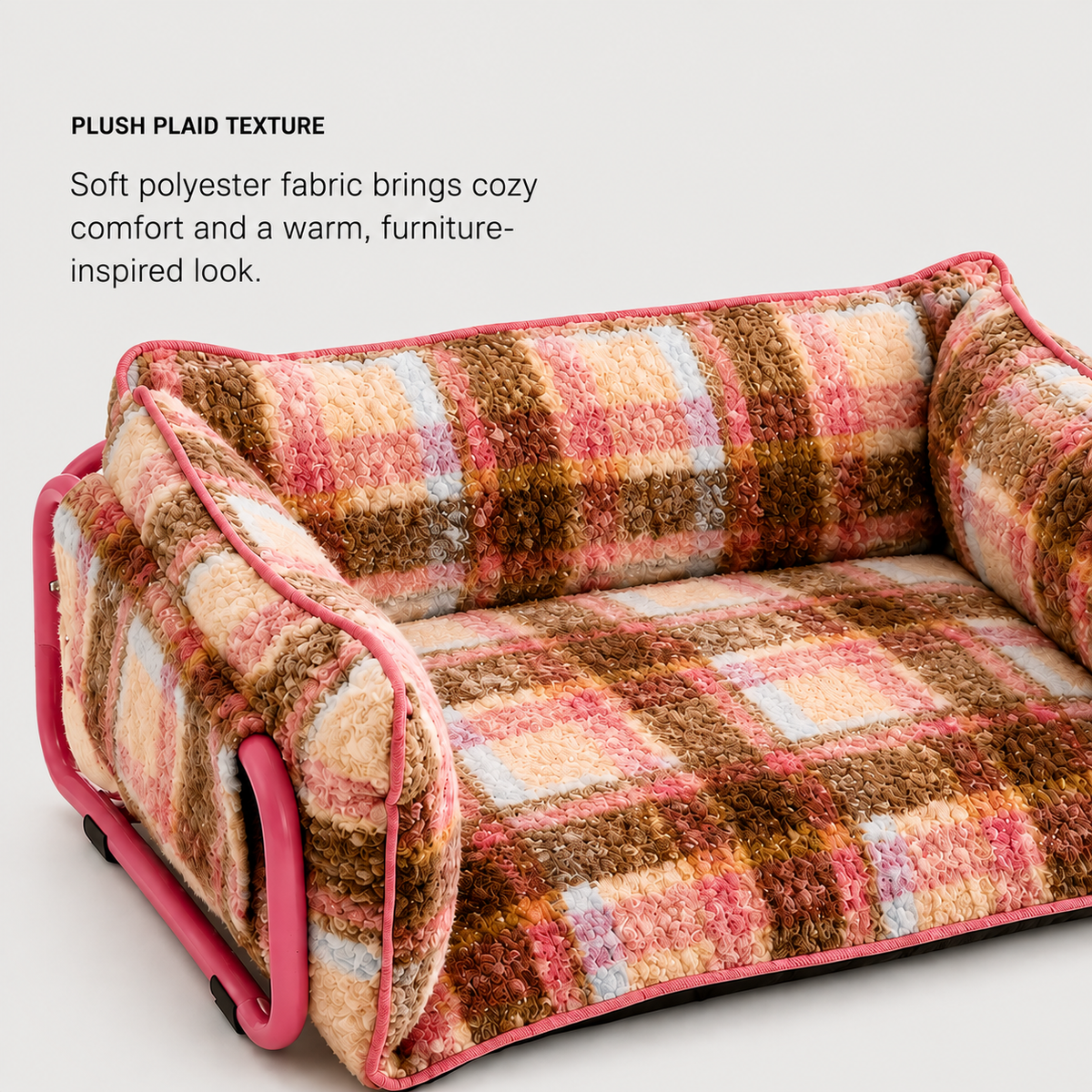 Close-up of soft plaid polyester fabric on a plush sofa dog bed