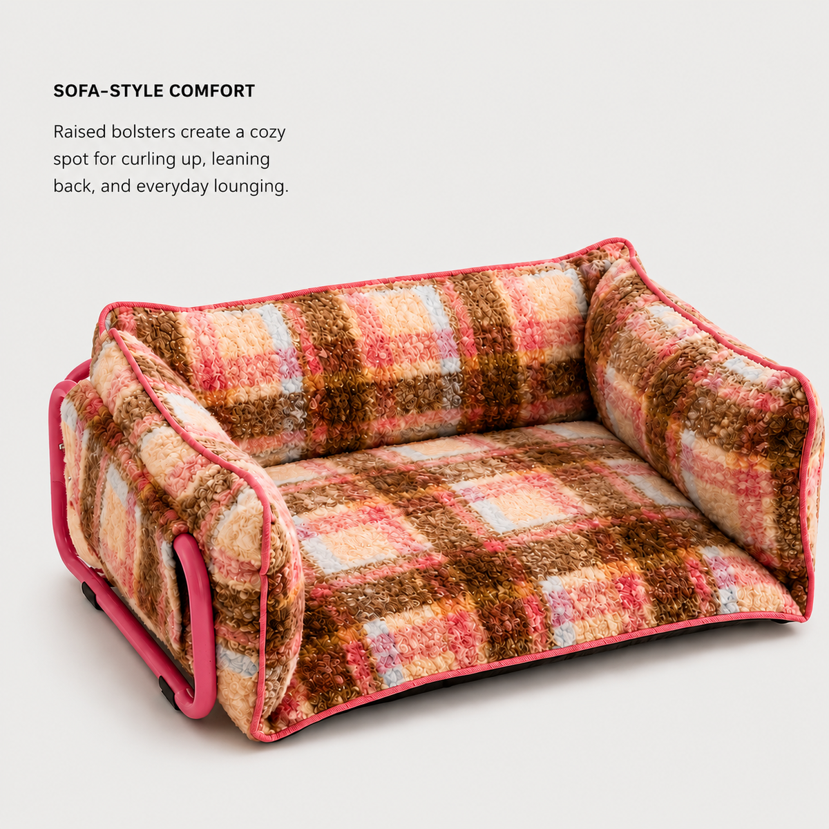 Plush sofa dog bed with raised bolsters for cozy lounging