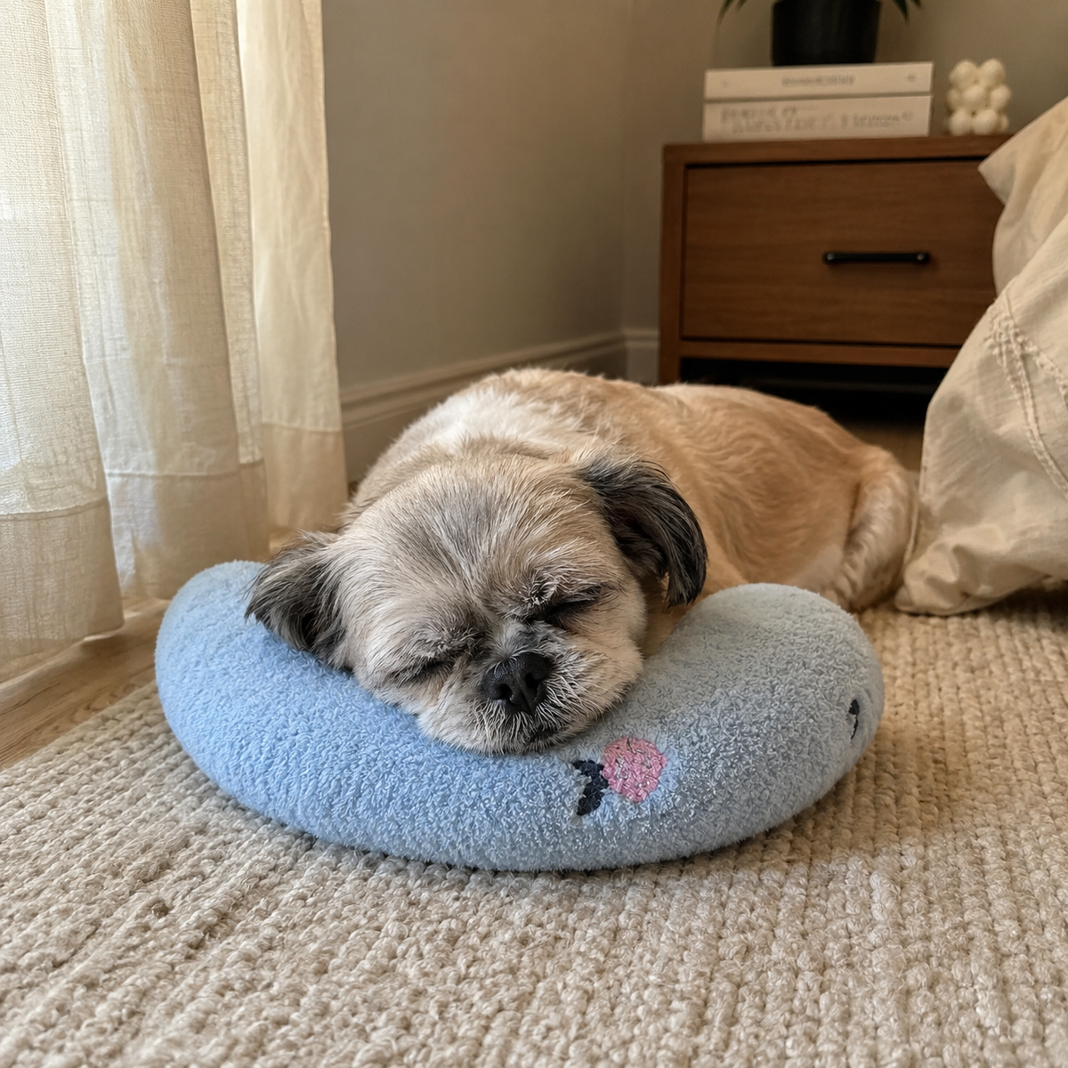 Senior dog relaxing at home with a CozyRest low-profile U-shaped headrest pillow