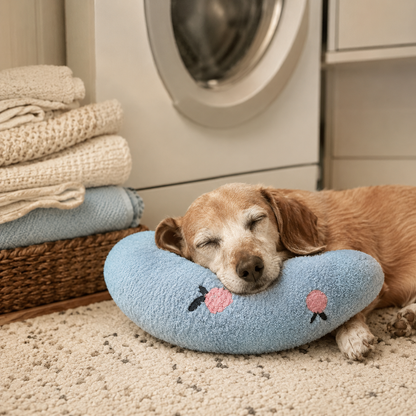 Senior dog resting its chin on a soft low-profile CozyRest U-shaped pillow
