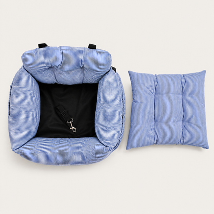Cushioned insert detail on the CozyRide striped dog car seat bed for added comfort