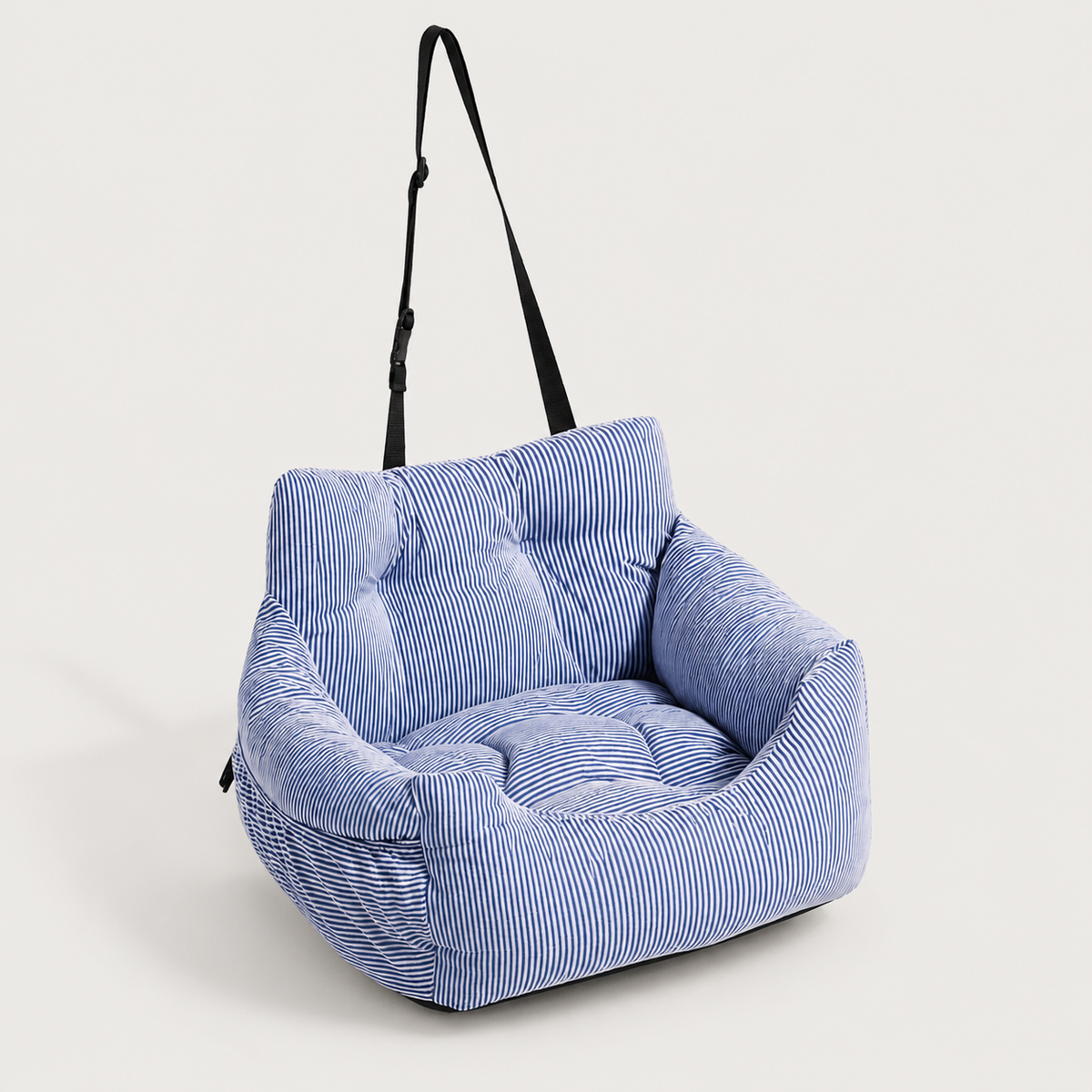 Safety strap detail on the CozyRide striped dog car seat bed for secure travel