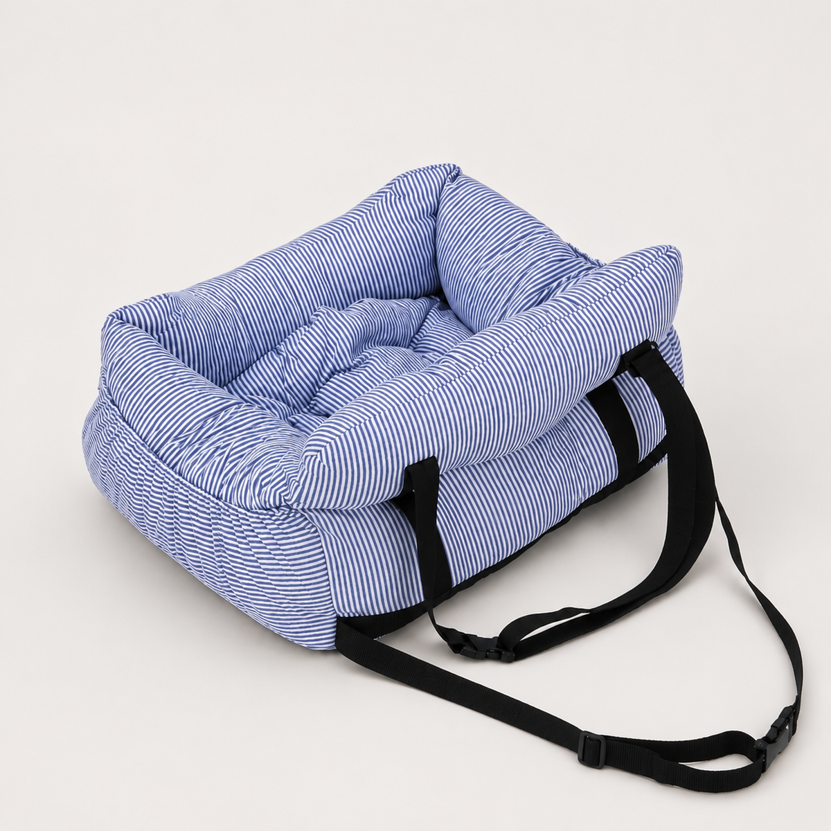 Back view of the CozyRide striped dog car seat bed showing its structured design