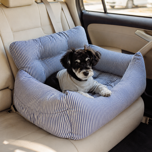 CozyRide striped dog car seat bed installed in a car for comfortable pet travel