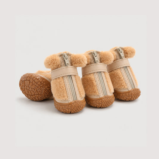 CozyStep plush winter dog boots in brown with textured anti-slip soles