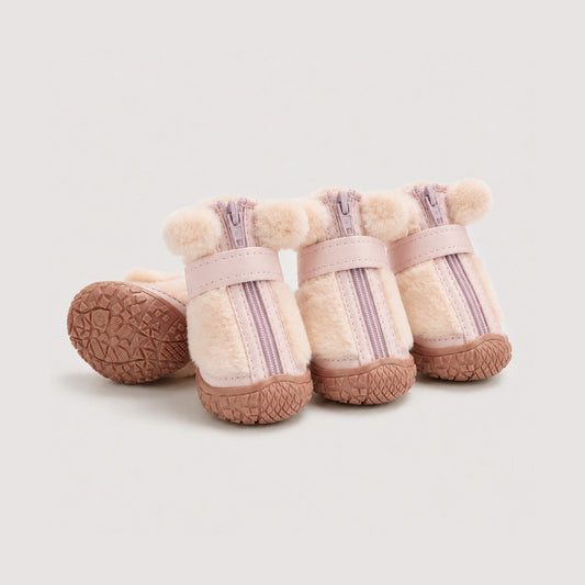 CozyStep plush winter dog boots in pink with textured anti-slip soles