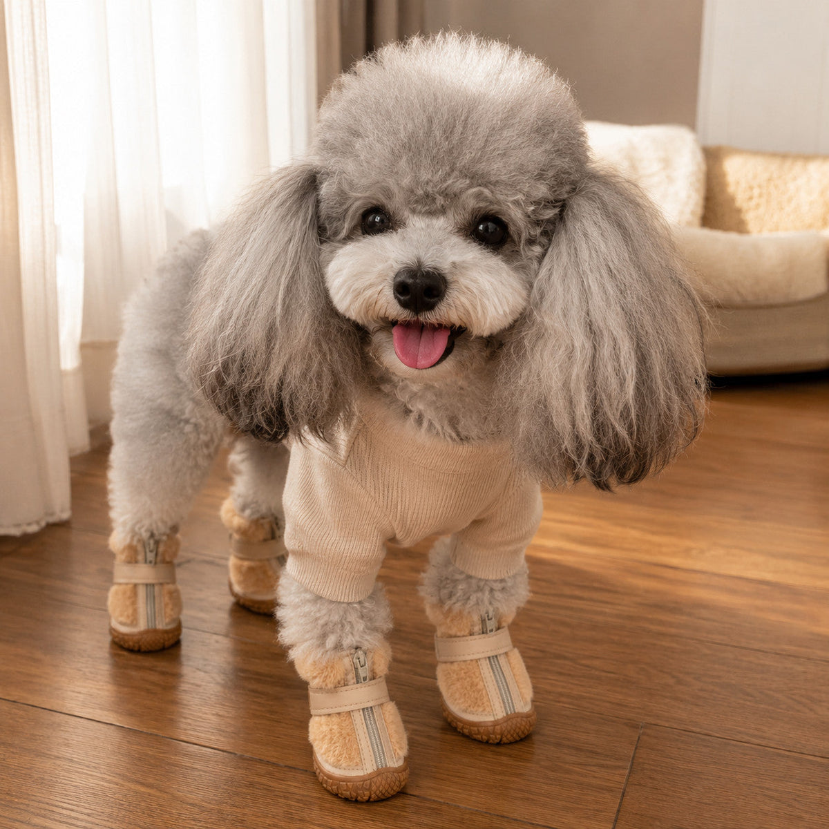 Small gray poodle wearing brown CozyStep plush winter dog boots indoors